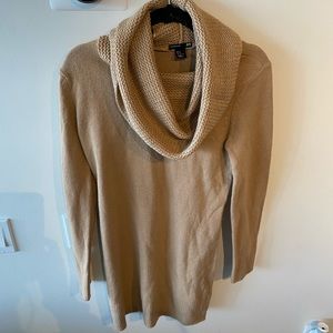 Tan sweater dress with cowl neck.